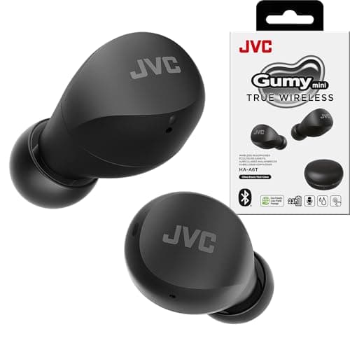 JVC Compact and Lightweight Gumy Mini True Wireless Earbuds Headphones, Long Battery Life (up to 23 Hours), Sound with Neodymium Magnet Driver, Water Resistance (IPX4) - HAA6TB (Black)