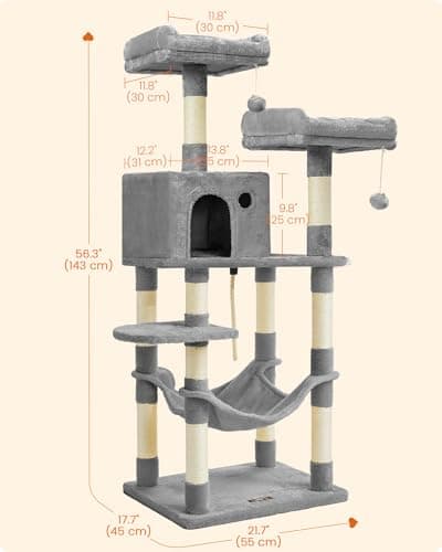 Feandrea Cat Tree, 56.3-Inch Cat Tower, Multi-Level Plush Condo with 11 Scratching Posts, 2 Perches, Hammock, Cave, Light Gray UPCT15W 5