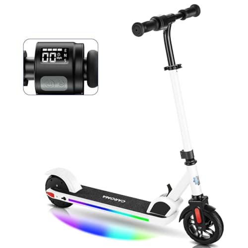 Caroma Electric Scooter for Kids Ages 8-12, 150W Foldable Kids Electric Scooter, Max 7 Miles & 10 Mph, LED Display, Colorful Lights, Adjustable Height, Lightweight Electric Scooter for Kids Teens