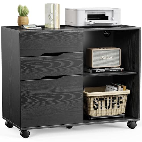 NEWBULIG 3 Drawers Mobile File Cabinet,Wood Lateral Rolling Filing Cabinet,Printer Stand with Open Adjustable Storage Shelves and Wheels for Home Office,Black