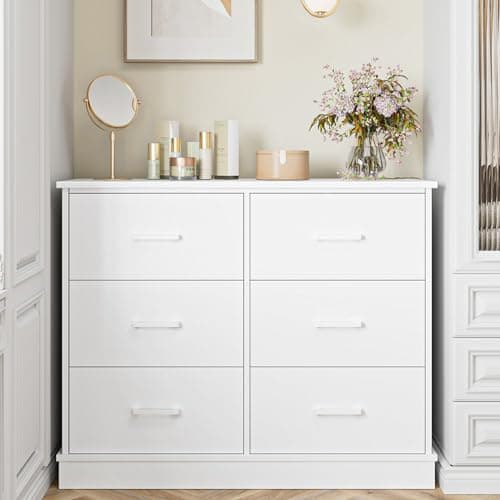 FINETONES White Dresser 6 Drawer Dresser, White Chest of Drawers Modern Dresser with Deeper Drawers, 42.5'' x 34.2'' x 15.7'' Inch Chest of Drawers Dresser for Home Office