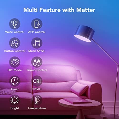 OREiN Matter Smart Light Bulb, Smart Light Bulbs Work with Apple Home, Alexa, Google Home, SmartThings, A19 Color Changing Light Bulbs 2.4Ghz WiFi, 800 Lumens Equivalent 60W 2Pack 7