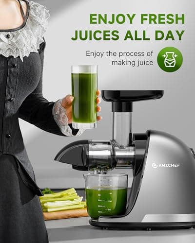 AMZCHEF Cold Press Masticating Juicer Machine - 90% Yield Reverse System, Quiet Motor for Home & Breakfast, 3-Step Clean with Brush, Includes 50+ Juice Recipes, Light Grey 7