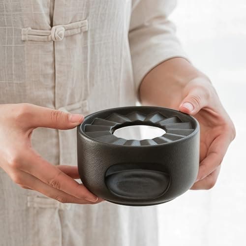 Hoffnugshween Stoneware Teapot Warmer with Safety Candle Spoon - Rustic Coarse Pottery Tea Heater Base with Vent Holes, Matte Finish Zen Decor for Glass & Ceramic Teapots, Coffee, Hot Sake (Black) 9