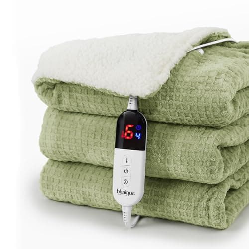 blunique Heated Blanket Electric Throw Waffle, 50x60 Inches Sherpa Fleece Fast Heating Blanket 6 Heating Levels & 4 Hours Auto Off ETL Certification, Sage Throw