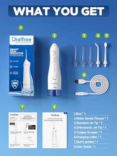 Oralfree Water Dental Flosser Cordless for Teeth Cleaning - 4 Modes Oral Irrigator 300ML Braces Flossers Cleaner, Rechargeable Portable IPX7 Waterproof Powerful Battery for Travel Home 9