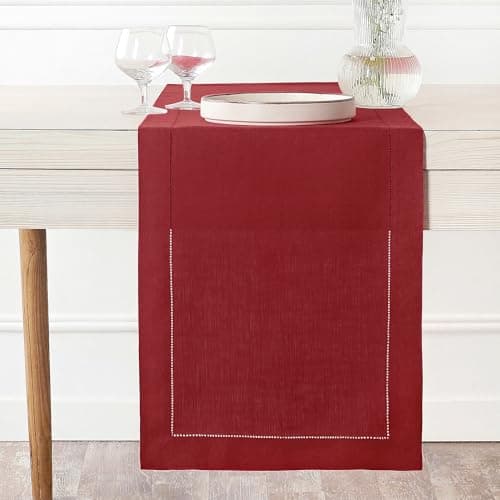 D'Moksha Homes Linen Red Table Runner 72 Inches Long - 100% Pure Linen Hemstitch Table Runner 14 x 72 Inch for Dresser, Dining, Mothers Day, Spring - Classic Hemstitch