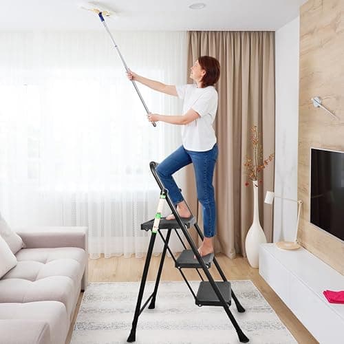 Step Ladder, Folding Step Stool with Wide Anti-Slip Pedals, Sturdy Steel Ladder with Handrail, Space-Saving, Portable for Home & Adults, 3 Step Ladder 9