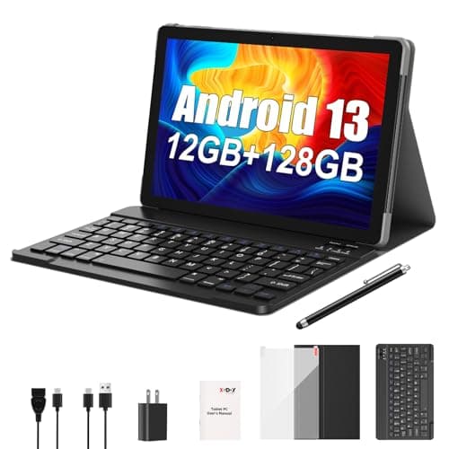 Xgody 10.1 Inch Tablet Android 13,12GB RAM+128GB ROM(TF 1TB), Quad-Core 2.0 GHz,WiFi 5G/2.4G,GMS, Battery 7000mAh,Dual Camera 13MP+5MP,Tablet with Case,Keyboard,Pen - Grey