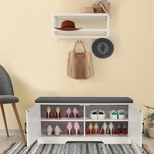 HOMSHO 2-Tier Storage Bench, 39.4" Wide Shoe Bench with Padded Seat Cushion, Entryway Bench with 2 Barn Doors and Adjustable Shelf, White 8