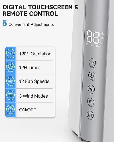 Gimify 40'' Bladeless Tower Fan for Home with Remote Control, Quiet 120° Oscillating Fan with 3 Modes 12 Wind Speeds,12H Timer, Standing Fan with HEPA Filter 99.97% Smoke Dust for Bedroom Office 7