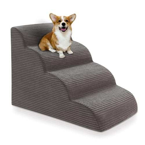 Curved Dog Stairs Ramp for High Beds 19.7" H, 4-Step Dog Steps for Small Dogs and Cats, Removable and Washable Pet Stairs for High Bed Climbing, Non-Slip Balanced Pet Step Indoor, Deep Grey