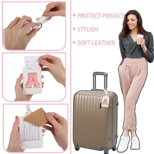 Personalized Initial Luggage Tags for Suitcases, Leather Chenille Letter Cute Luggage Tags with Privacy Name Card, Embroidered Travel Bag Backpack Tag Gifts for Women Kids Girls Teens(White-A) 6