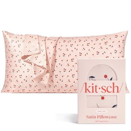 Kitsch Satin Pillowcase with Zipper for Hair & Skin - Softer Than Silk Pillow Cases, Smooth Cooling Satin Pillow Case, Wrinkle-Free, Machine Washable, King Size Satin Pillow Case 19x36, Cherry Print