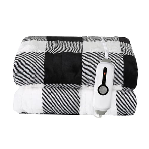 LaffyLo Electric Heated Blanket Throw Size - 50"x60", Soft Flannel Heating Blanket, 4 Heating Levels, 3 H Auto Shut Off, Breathable Warm and Washable for Sofa, Black - White Plaid