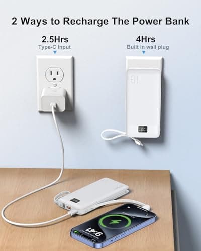 Portable Charger 10000mAh 22.5W PD 3.0+QC 4.0 Super Fast Charging Power Bank with Built-in Cables & AC Wall Plug, Slim External USB C Battery Pack for iPhone 17/16/15/14/13, Android, Samsung, iPad,etc 6