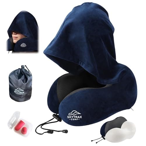 Travel Pillow with Extra Large Hood for Airplane Long Flights Privacy and Comfort Memory Foam with Velvet Cover for Road Trip Head&Neck Support for Plane Office Cars Sleeping & Rest (Navy Blue)