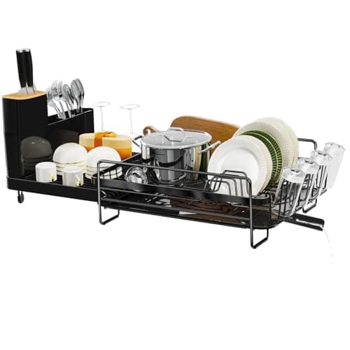 Runnatal Dish Drying Rack Extendable, Large Dish Rack with Drainboard, Utensil Holder, Cup Holder, Expandable Dish Drainer for Kitchen Counter, 20.5"-27.6" L x 12.6" W