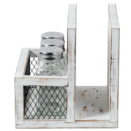 FARM IN Napkin Holder, Farmhouse Multifunctional Napkin Holder with Salt and Pepper Shakers Holder for Home and Commercial Use, Rustic Solid White Washed Wood & Diamond Metal Wire Mesh 6
