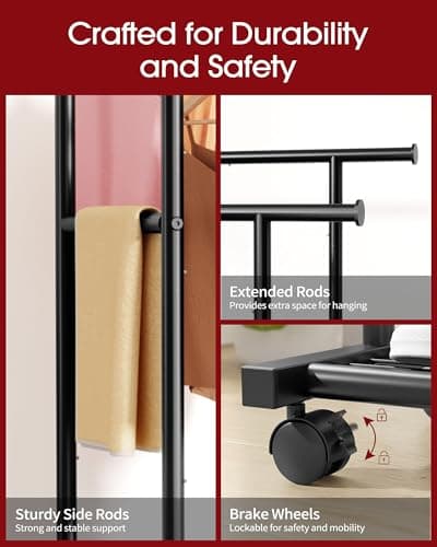 Sakugi Metal Clothes Rack - Double Rod Clothing Rack with Fixed Design and Rolling Wheels, Coat Rack with Built-In Shelf for Closet Organizers and Storage (38.5" x 16.9" x 59.0", Black) 5