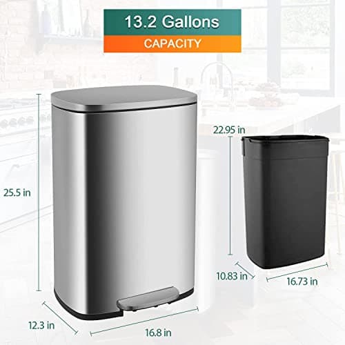 PayLessHere 13.2 Gallon(50L) Trash Can, Fingerprint Proof Stainless Steel Kitchen Garbage Can with Removable Inner Bucket and Hinged Lids, Pedal Rubbish Bin for Home Office 7