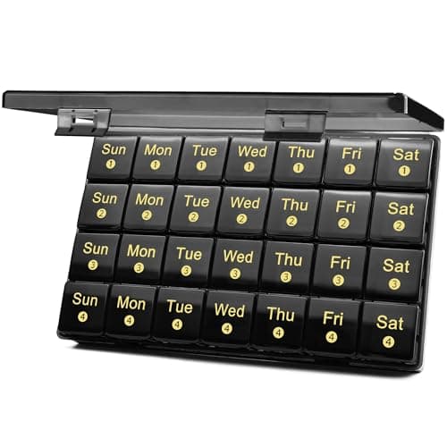 FHORAIN Monthly Pill Organizer 28 Day, 4 Weeks Pill Box 7 Day, XL Weekly Medicine Organizer for Vitamins, Fish Oil, Supplements(Black)