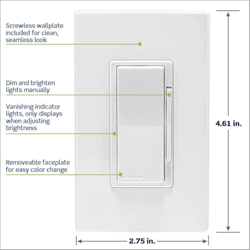 Leviton Decora Smart Dimmer Switch, Wi-Fi 2nd Gen, Neutral Wire Required, Works with Matter, My Leviton, Alexa, Google Assistant, Apple Home/Siri & Wired or Wire-Free 3-Way, D26HD-2RW, White 5