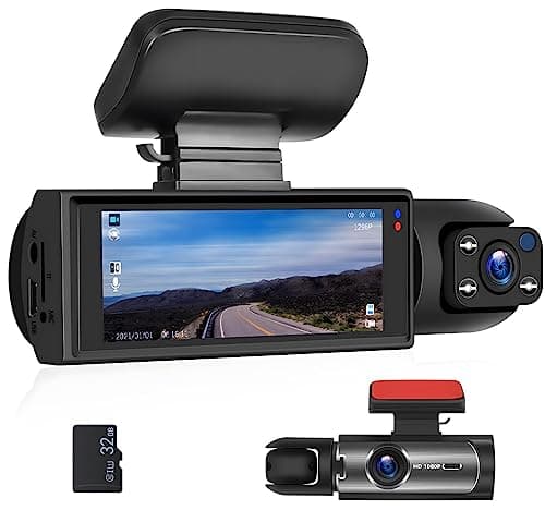 CAMECHO Dual Dash Cam 1080P Front and Inside Dash Camera for Cars 2 Channel Dashcam, 3.16" IPS Screen, IR Night Vision, Loop Recording, 24hr Parking Mode, Car Camera with 32GB TF Card Driving Recorder