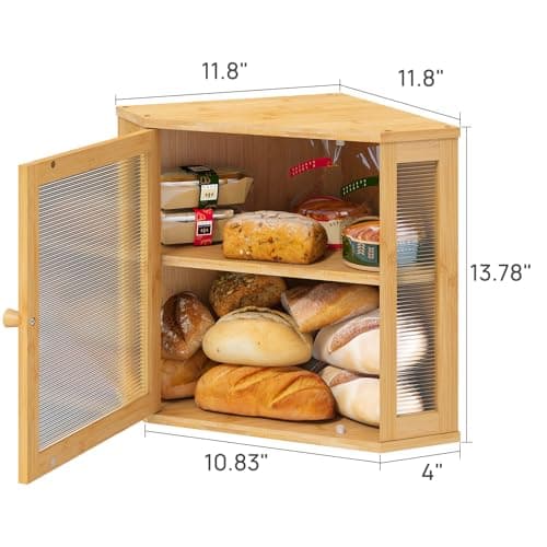 viewcare Corner Bread Box for Kitchen Counter, Bamboo Wood Large Capacity Bread Storage Bin with Acrylic Wavy Door Panel (Natural, Meduim) 5