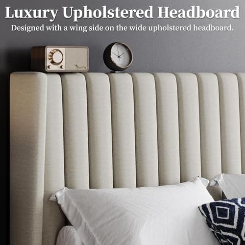 Yaheetech Full Bed Frame Upholstered Platform Bed with Fabric Headboard, Wing Edge Design/Non-Slip and Noise-Free/Wooden Slats Support/No Box Spring Needed/Easy Assembly, Ivory Full Bed 8