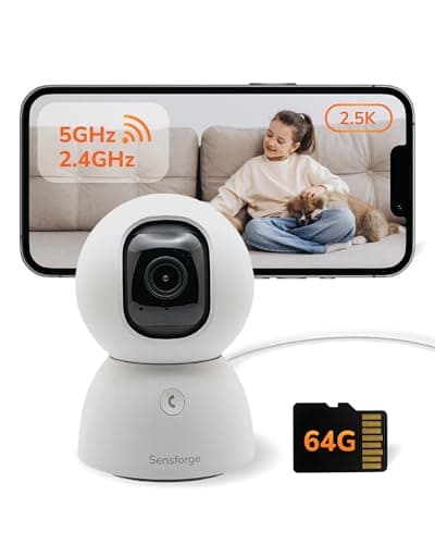 Sensforge 2.5K Indoor Pan-Tilt Dome Security Camera, 360° Coverage, AI Human & Pet Detection, Two-Way Talk, Dual-Band Wi-Fi (2.4G/5G), 64GB SD Card, Free Basic Plan, Optional Subscription (1, White)