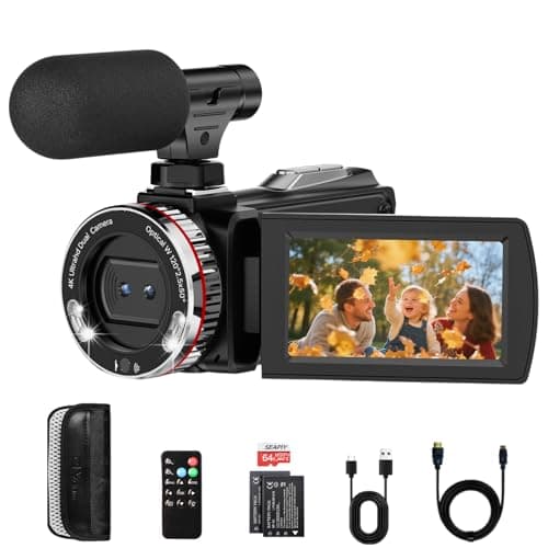 ZIMOCE 4K 60FPS Video Camera Camcorder with HDMI Cable, 48MP Vlogging Camera for YouTube, Dual Lens Camera Recorder, 21X Zoom Rotatable Screen Video Recorder with Mic, 2 Batteries &64GB Card (Small)
