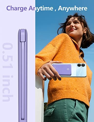 miisso 6000mah Ultra Slim Built in Cables Power Bank, Card Size Built in USB C Cords Battery Pack Portable Charger for Phones, 3 Output External Battery Pack Compatible with iPhone, Purple 6