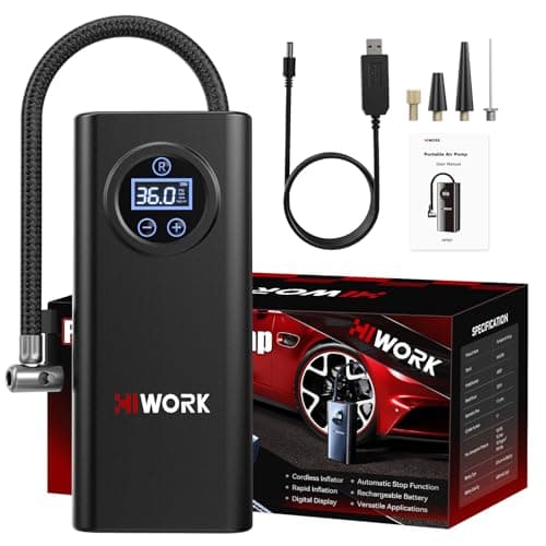 HIWORK Air Compressor, Tire Inflator Portable Air Pump 150 PSI for Car Tires Bikes Balls Balloons and Other Inflatables with Digital Gauge Cordless Electric Inflator Rechargeable 4000 mAh Battery 8