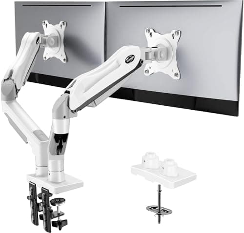 HUANUO Dual Monitor Stand - Full Adjustable Monitor Desk Mount Swivel Vesa Bracket with C Clamp, Grommet Mounting Base for 13 to 32 Inch Computer Screens - Each Arm Holds 4.4 to 19.8lbs - White
