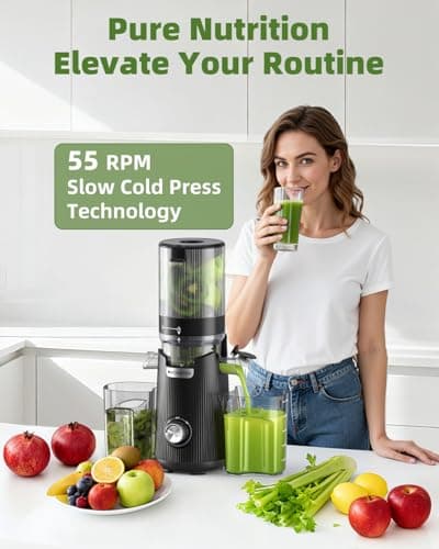 Cold Press Juicer, Auto Feed & Pre-cut, 55 RPM Slow Masticating High Juice Yield Juicer Machines, Easy to Clean, 5.3" Wide Chute, 1.8L Hopper with 2 Cups, Black 5