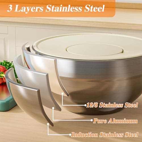 Winproper Mixing Bowls with Lids Set, 6 PCS Stainless Steel Mixing Bowls with 3 Grater Attachments, Kitchen Food Storage Organizers Nesting Mixing Bowl, Large Size 4.5, 3.5, 2.1, 1.5, 1.1, 0.7QT 6