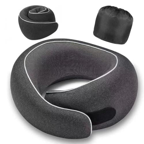 Optixion Travel Neck Pillow for Airplanes, Premium Memory Foam Neck Pillow with Ergonomic 360° Support, Travel Essentials for Plane, Car, Train and Home, Max Black