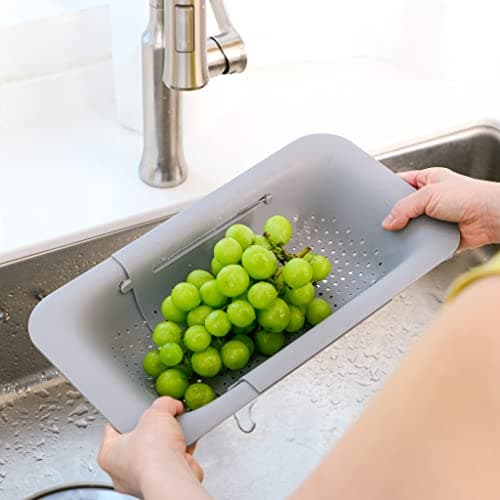 BLUE GINKGO Over the Sink Colander Strainer Basket - Wash Vegetables and Fruits, Drain Cooked Pasta and Dry Dishes - Extendable - New Home Kitchen Essentials (Grey, 1 Pack) 7