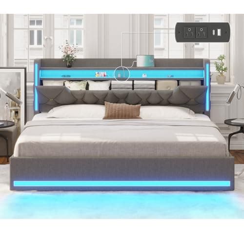 busyaeh King Size Bed Frame with Marshmallow Headboard and Storage, King Bed Frame with LED Lights & Charging Station, Upholstered Platform Bed with Metal Support, No Noise, No Box Spring Needed,Gray