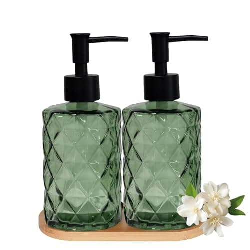 Glass Hand and Dish Soap Dispenser Set of 2 with Plastic Pumps, Bamboo Tray, 12oz Green Bathroom Soap Dispenser with Diamond for Hand Wash & Dish Wash, Ideal for Bathroom Kitchen Countertop
