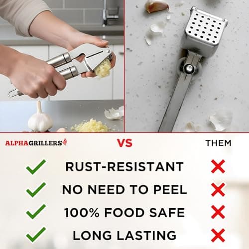 Alpha Grillers Garlic Press Stainless Steel - Easy to Clean, Rust-Proof, Dishwasher Safe - Stainless Steel Garlic Press, Mincer, Crusher with Silicone Peeler & Cleaning Brush 7