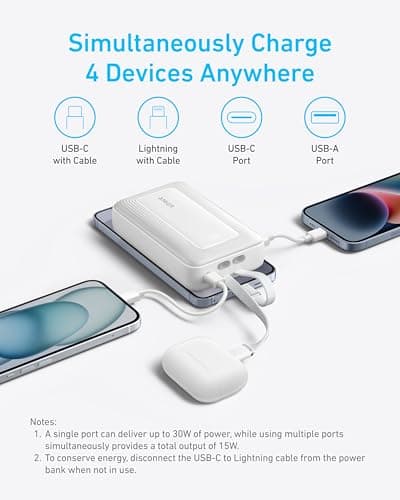 Anker Power Bank, 20,000mAh 30W Max Fast Portable Charger with Built-in USB-C and MFi Certified Lightning Cables, USB-C&A, Battery Pack for iPhone 17/16/15/14 Series, MacBook, Galaxy 5