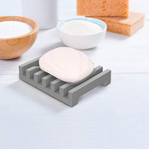 2Pcs Soap Dish Holder, Non-Slip Bathroom Accessories Silicone Soap Case Saver, Sink Deck Bathtub Shower Dish Soap Drainer, Silicone Holder for Soap, Sponges, Scrubber (Grey) 5