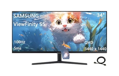 Samsung 34" ViewFinity S5 Series Ultrawide Monitor, QHD(3440 x 1440), 100Hz, 5ms, AMD FreeSync, HDR10 (DisplayPort, HDMI), Borderless Design, Black, with HDMI Cable