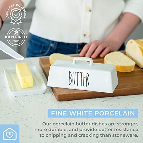 Heartland Home Porcelain Covered Butter Dish with Lid for Countertop (Lid with Handle). 7.6" x 3.8" Butter Holder Container for One Stick of Butter. Textured Tray Butter Keeper for Non Slip Storage 5