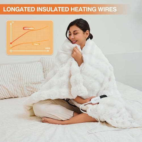 AEPINBH Heated Blanket Throw with 6 Fast Heating Levels,4 Hours Auto-Off,50x60 Cozy Faux Rabbit Fur Bubble Washable Electric Blanket with Overheating Protection,ETL Certification（Cream） 5