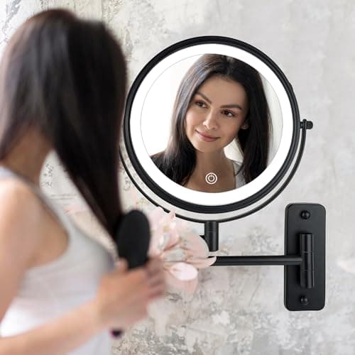 JANEEVA 8" Wall Mounted Lighted Makeup Mirror,Rechargeable Double Sided 1X/10X Magnifying Mirror with 3 Color Lights,Touch Dimmable Bathroom Vanity Mirror with 360°Swivel Extendable Arm Matte Black 2