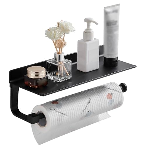 Danpoo Wall Mount Paper Towel Holder with Shelf for Bathroom/Kitchen, Adhesive Hand Towel Holder, Matte Black