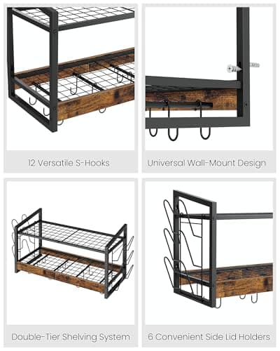 CHOEZON Hanging Pot Rack, Pot Rack Wall Mounted, 2-Tier Kitchen Pot and Lid Organizer, Wall-Mounted Pot Rack with 12 Hooks, for Kitchen Storage of Pots, Pans, Utensils, Rustic Brown TPR02BF 6